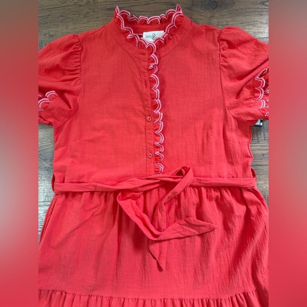 NWT! UMGEE Orange 100% cotton Tiered Maxi Dress M ruffle button belted short sl. - Picture 14 of 14